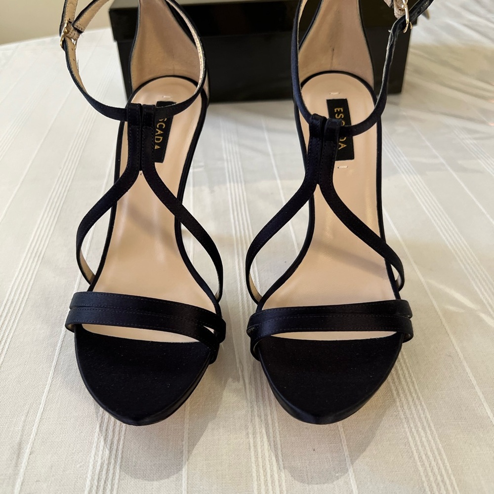 NIB Escada Women's Elegant Black Satin Strappy Heels, Size 6